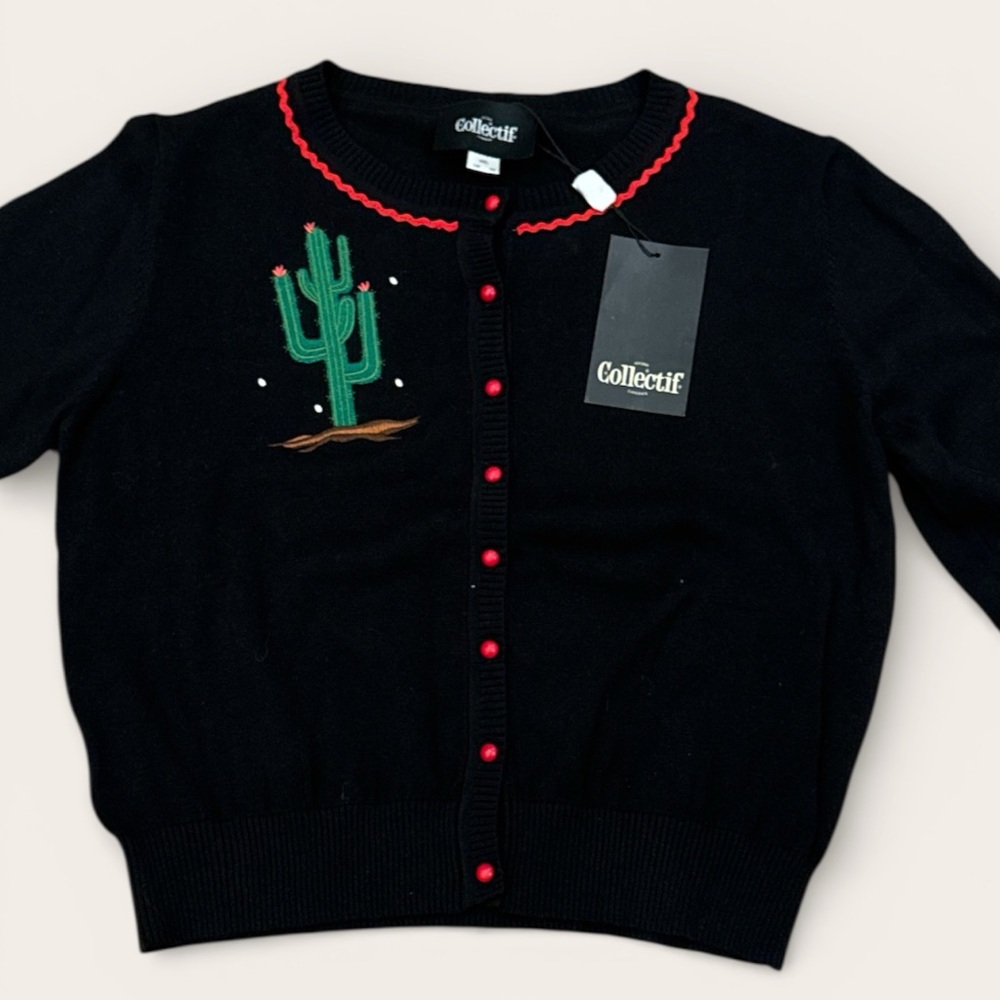 Collectif Black Cardigan with Red Trim vintage vibe designer